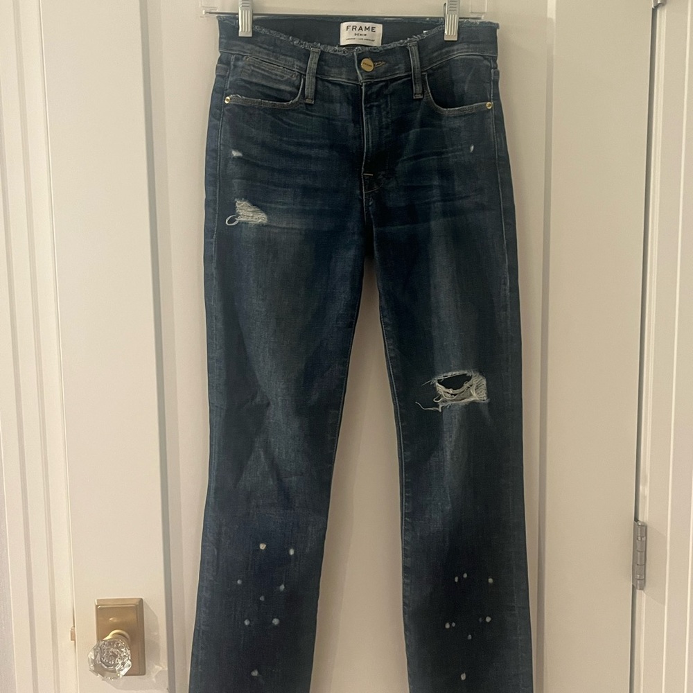 Frame Denim Women's Dark Blue Distressed Straight Leg Jeans